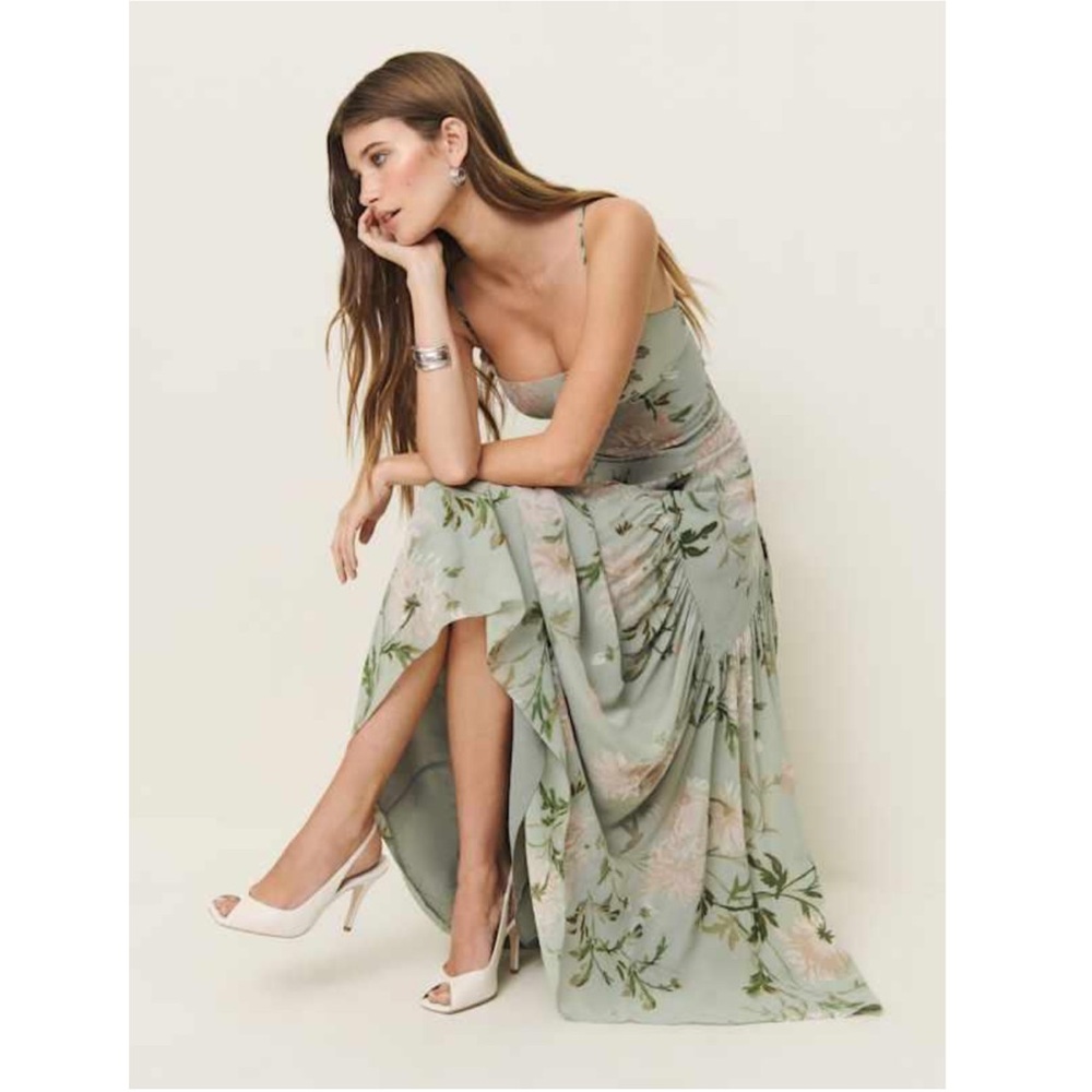 Reformation Catana Floral Georgette Drop Waist Maxi Dress Pergola Green Size 2 - Picture 2 of 12